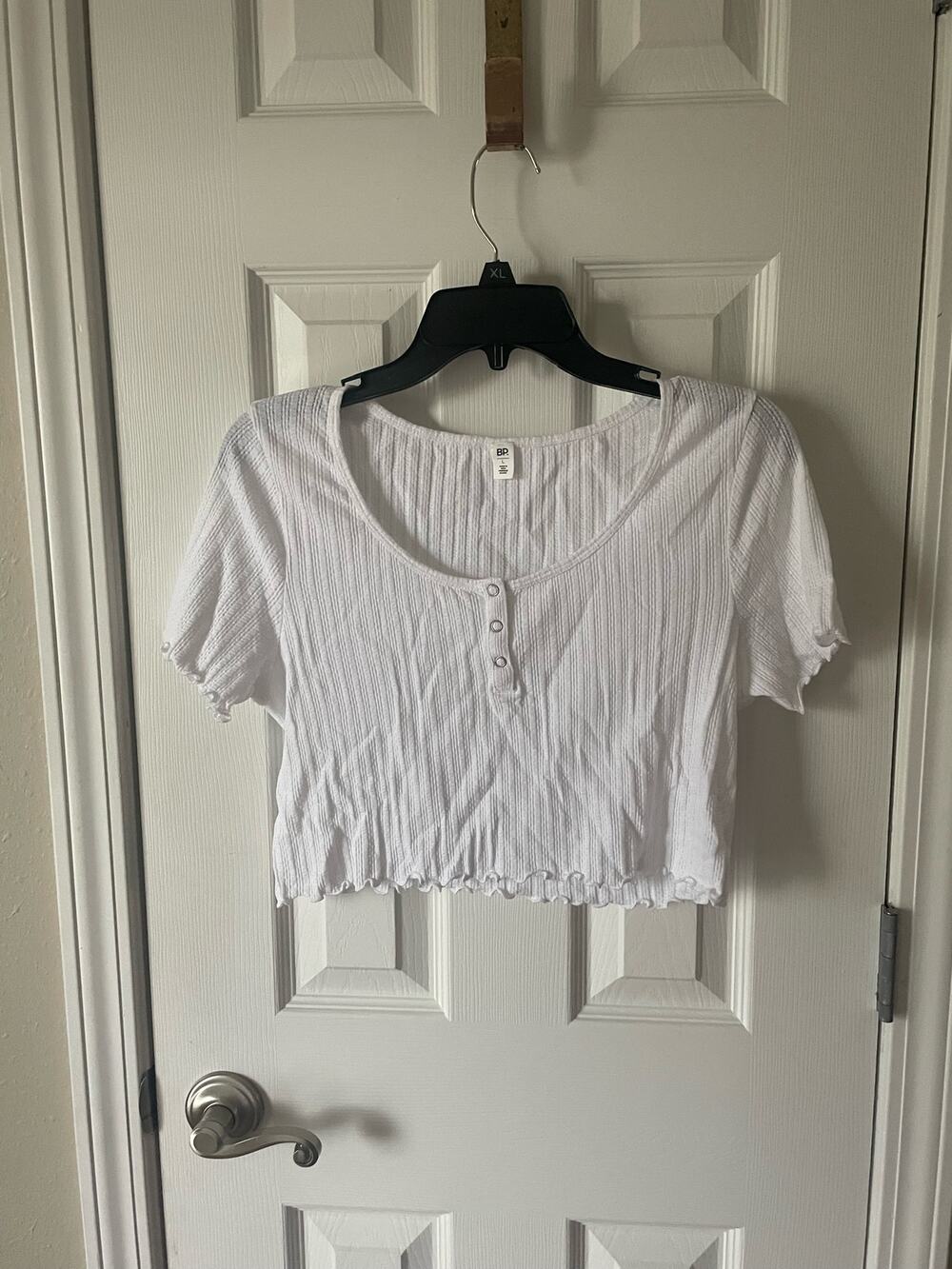 BP White short sleeve crop top textured with simple knit pattern. A15